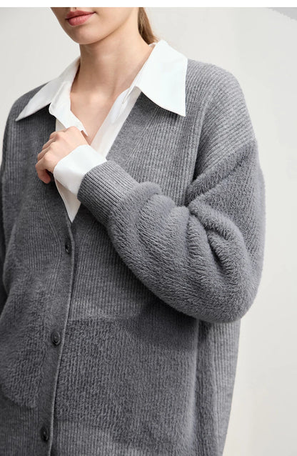 Damen-Strickjacke V-Ausschnitt dick warm locker elastisch Winter