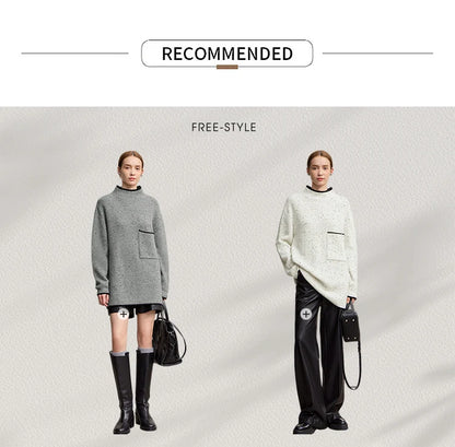 Damen-Rollkragenpullover Wolle dick locker lang Winter