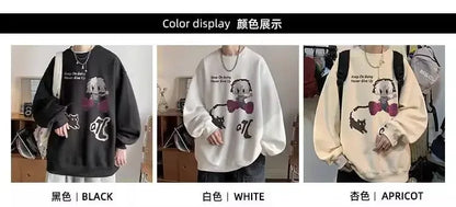 Japanischer Vintage-Pullover mit Fleece, Rundhalsausschnitt und Print – Lässiger Langarm-Hoodie für Herren im Winter.
