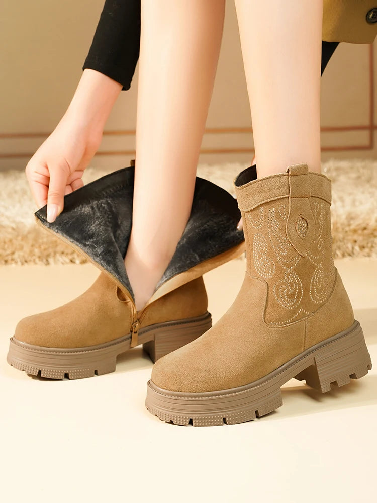 AIYUQI Western Cowboy Boots Women 2025 New Genuine Leather Winter Shoes Boots Women Short Tube Fashion Women's Snow Boots