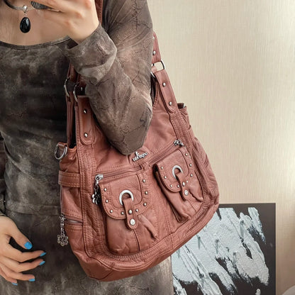 Damen-Schultertasche aus PU Bronze Retro-Stil mit Topgriff und Smartphonefach große Kapazität