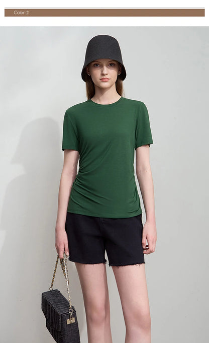 Damen Sommer-T-Shirt im minimalistischen Stil mit schmalem O-Ausschnitt und kurzen Ärmeln