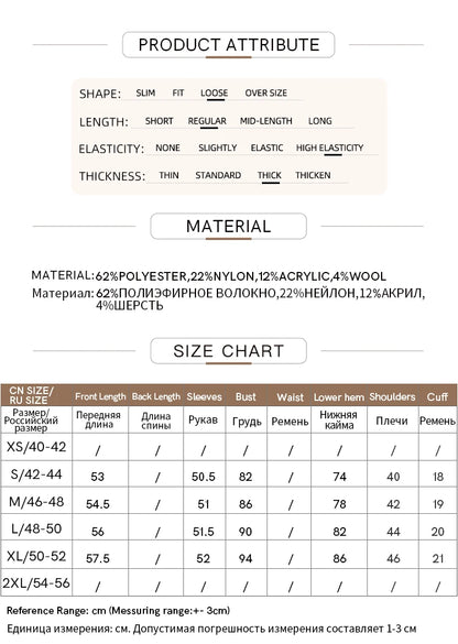 Infografik „Product Attribute“ mit Material- und Größentabelle für den Wollpullover