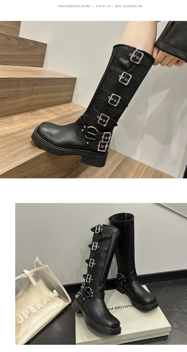 AIYUQI Western Cowboy Boots Women Vintage New Genuine Leather Knight Boots Women Square Toe High Boots Buckle Boots Women