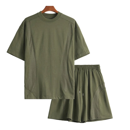 Männer Sport Anzug mit einfarbigem Rundhals T-Shirt und Kordelzug Shorts