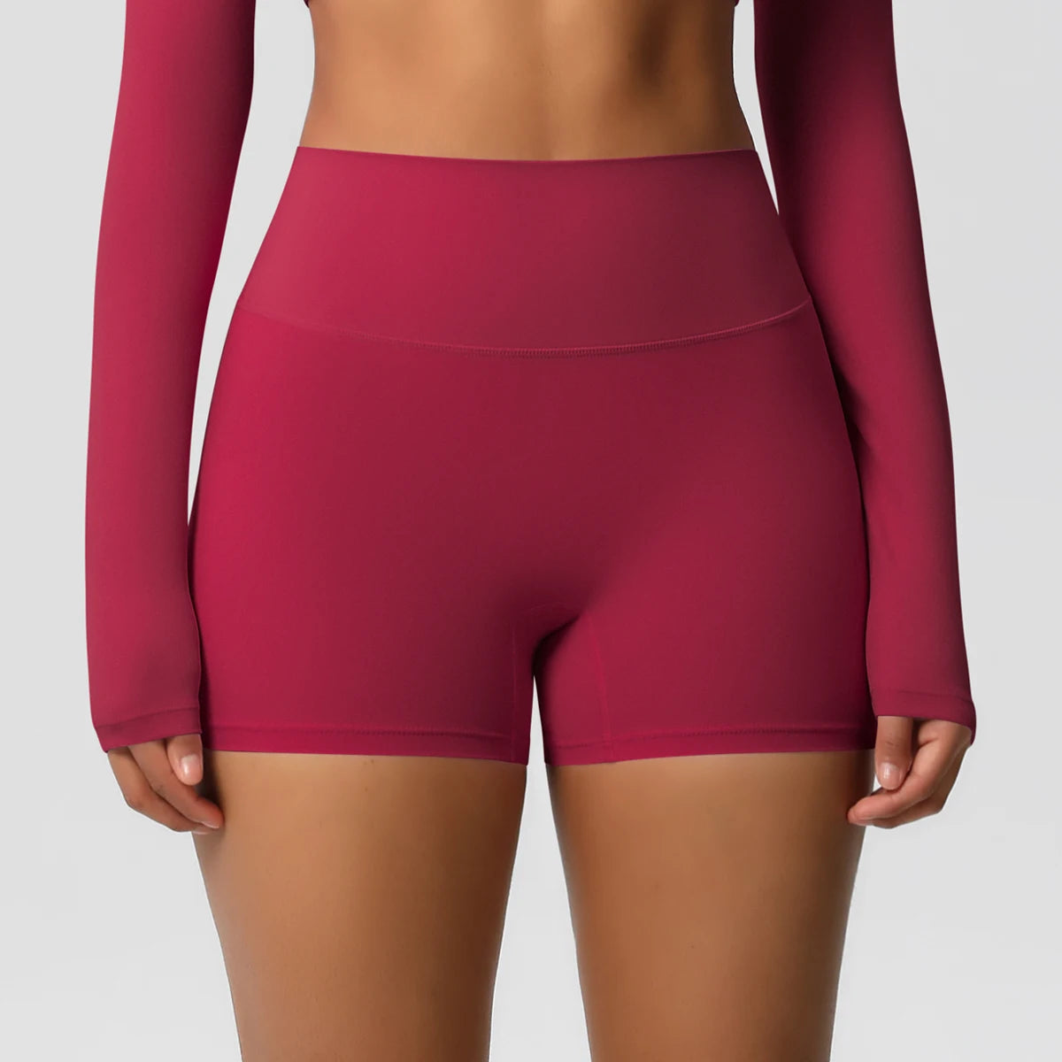 Yoga-Shorts mit Push-Up-Effekt, weinrot, Frontansicht, glatter Sitz