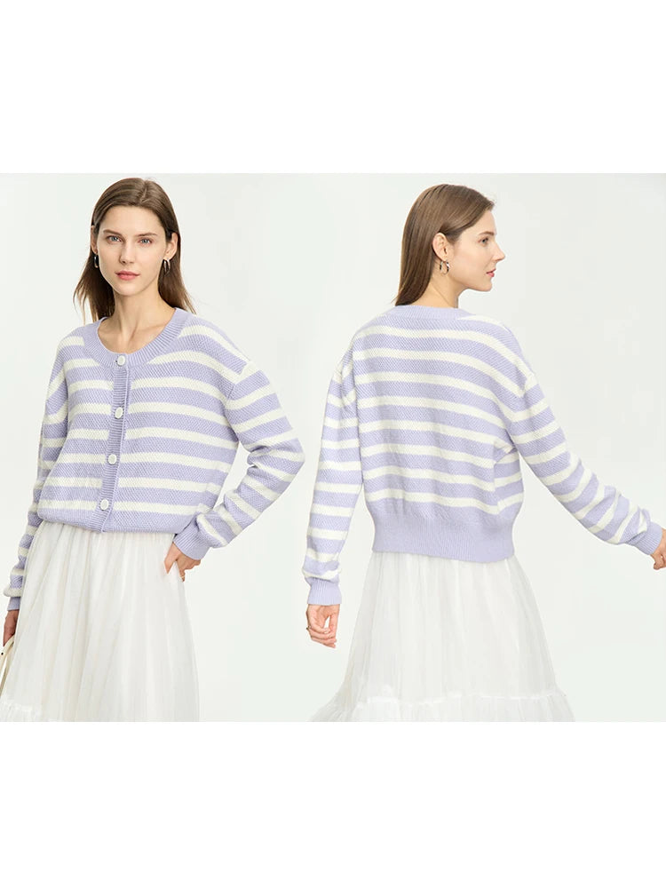 Damen-Strickjacke Baumwolle-Wolle Streifen Kontrastfarben locker Herbst