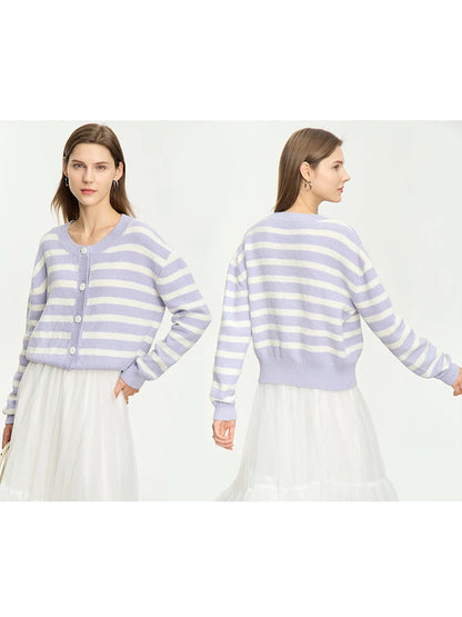 Damen-Strickjacke Baumwolle-Wolle Streifen Kontrastfarben locker Herbst