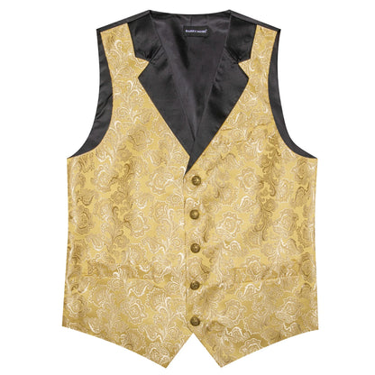 Goldfarbene Jacquard-Herrenweste mit schwarzem Revers und Knopfleiste