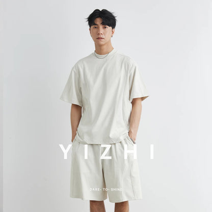 Männer Sport Anzug mit einfarbigem Rundhals T-Shirt und Kordelzug Shorts
