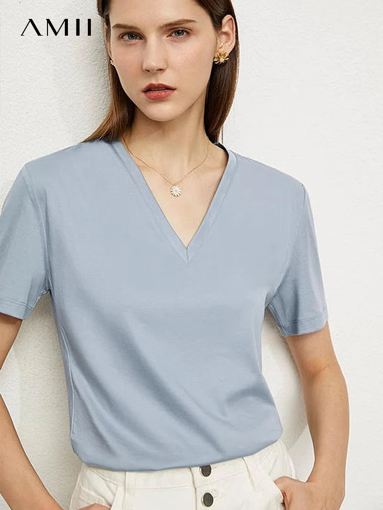 Damen Tops im Minimalismus-Stil mit V-Ausschnitt und kurzen Ärmeln
