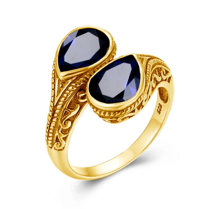 Damen-Ring tropfenförmiger Smaragd in Silber mit goldfarbener Beschichtung Ideal Als Hochzeits- oder Festgeschenk