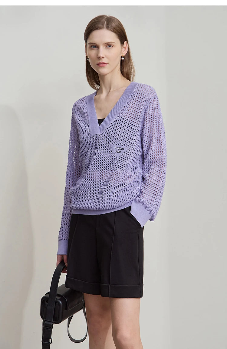 Lässiger V-Ausschnitt Strickpullover mit offenen Maschen, lange Ärmel, lila