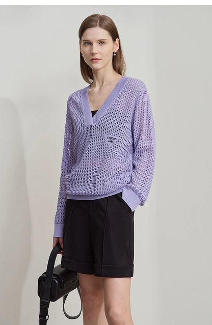 Lässiger V-Ausschnitt Strickpullover mit offenen Maschen, lange Ärmel, lila