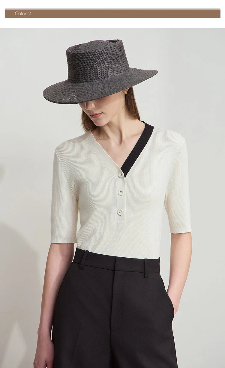 Beiger Strickpullover mit V-Ausschnitt, Knopfleiste und halbem Ärmel