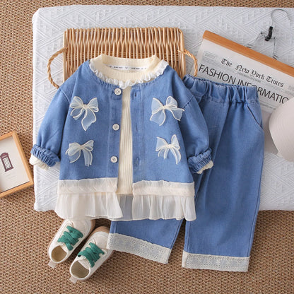 Mädchen Kleidung Set mit süßem Mantel und breiten Hosen im Koreanischen Stil