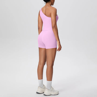 Yoga-Set mit einarmigem BH-Top und Shorts, hellrosa, Rückansicht, körpernah