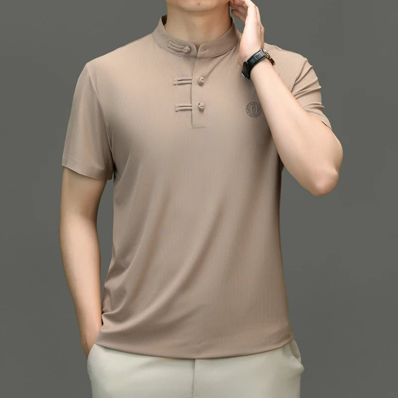 Herren T-Shirt im Chinesischen Stil mit Stehkragen und lässiger Passform