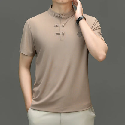 Herren T-Shirt im Chinesischen Stil mit Stehkragen und lässiger Passform