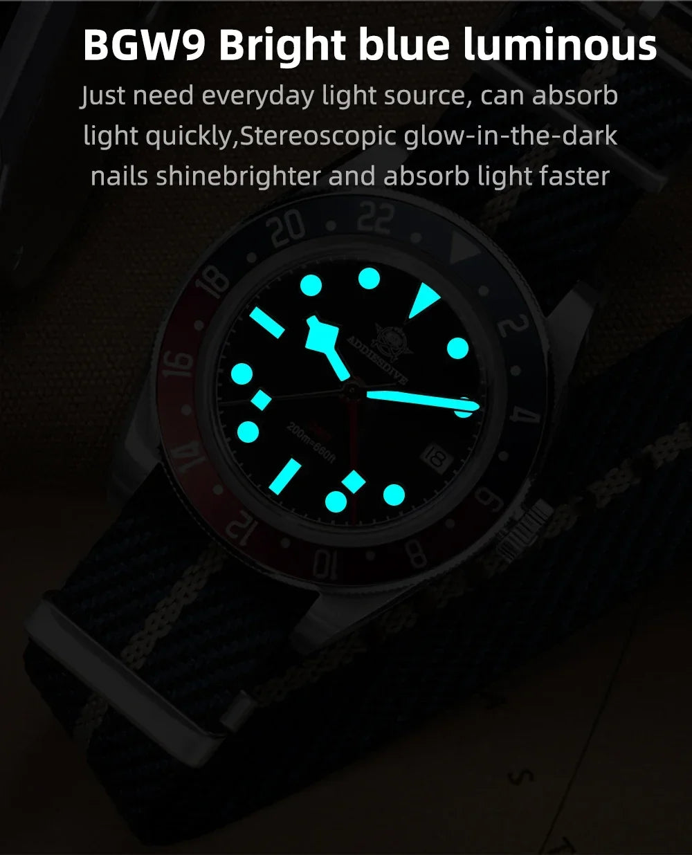 ADDIESDIVE TOP Men's Watches 20Bar Diving BGW9 Super Luminous AD2044 Swiss Ronda 515-24H GMT Watch Quartz Watch