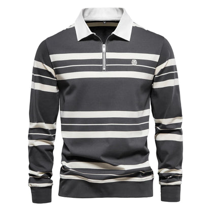 Herren Langarm Polo Shirt aus Baumwolle mit gestreiftem Reißverschluss