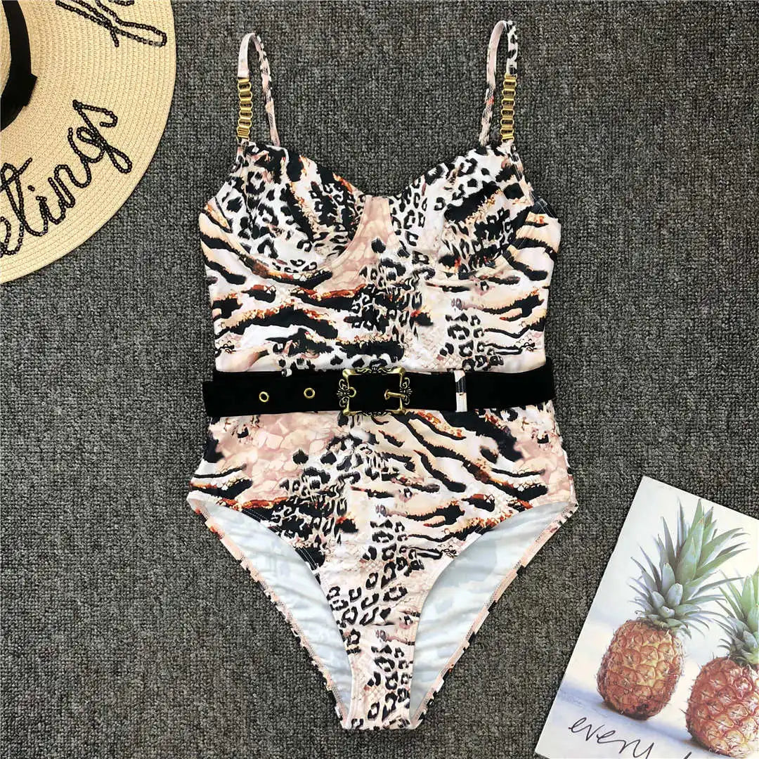 Damen-Badeanzug Rippe Gürtel High-Cut Bodysuit einteilig