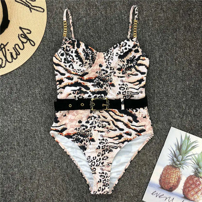 Damen-Badeanzug Rippe Gürtel High-Cut Bodysuit einteilig