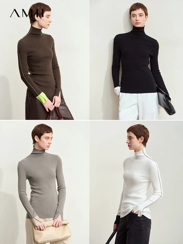 Damen-Rollkragenpullover Farbkontrast Slim Fit Langarm Frühling