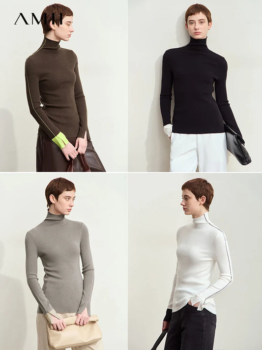 Damen-Rollkragenpullover Farbkontrast Slim Fit Langarm Frühling