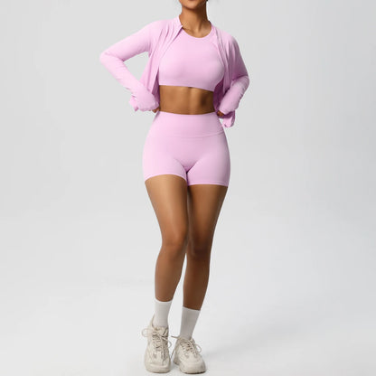Damen-Yoga-Set in Rosa: Crop-Top, Radlerhose und offener Langarm-Cardigan