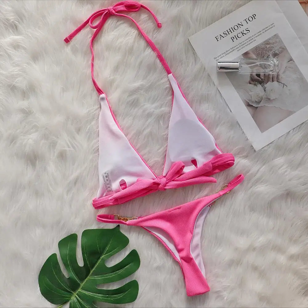 Sexy Bikini-Set mit pinkem Blumenmuster und Push-up-Effekt – ideal für Strand und Pool