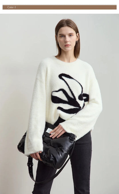 Damen-Jacquardpullover mit O-Ausschnitt, offwhite, Langarm, schwarzes Blumenmuster