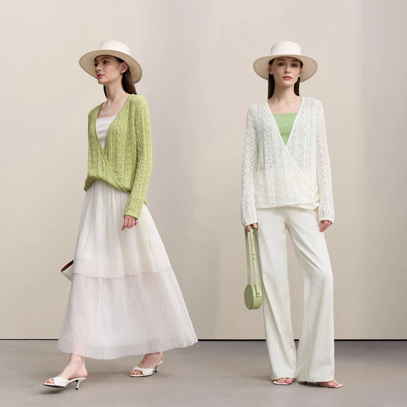 Damen-Strickjacke V-Ausschnitt Wolle Hohlstrick locker Langarm Frühling
