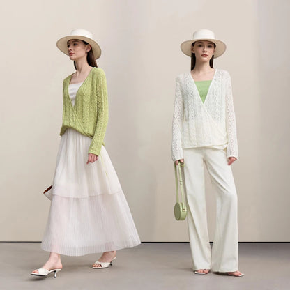 Damen-Strickjacke V-Ausschnitt Wolle Hohlstrick locker Langarm Frühling