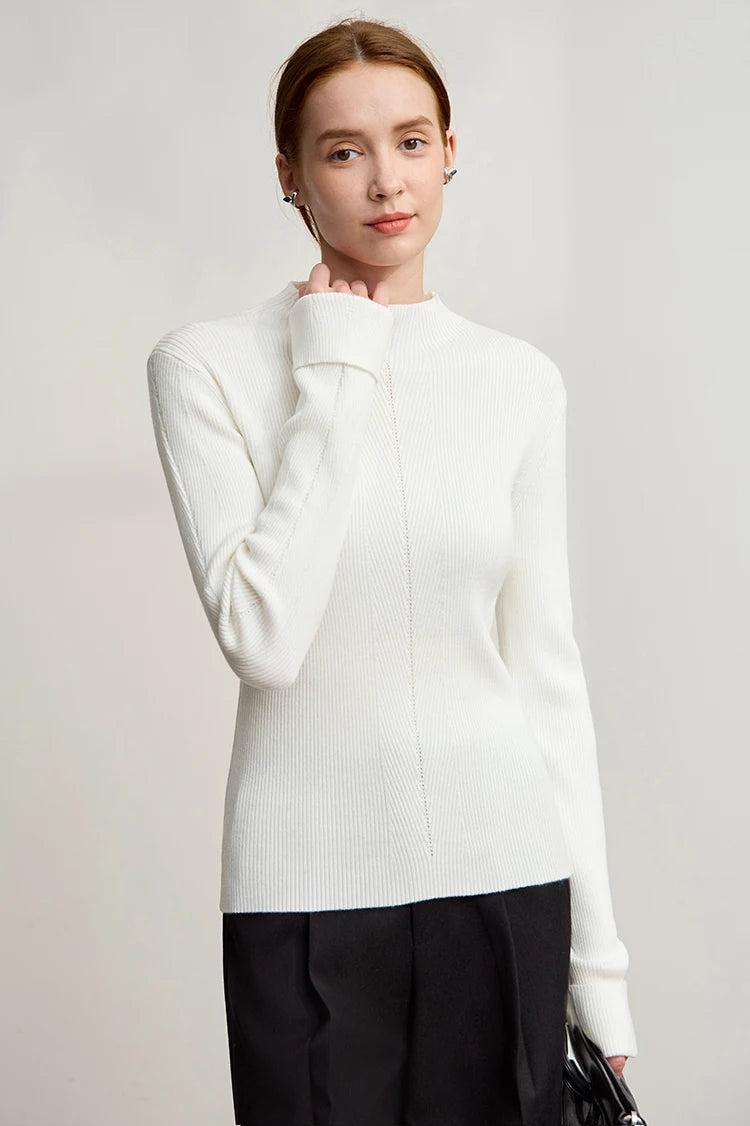 Damen-Pullover mit Stehkragen, feiner Rippstrick, langärmlig, weiß