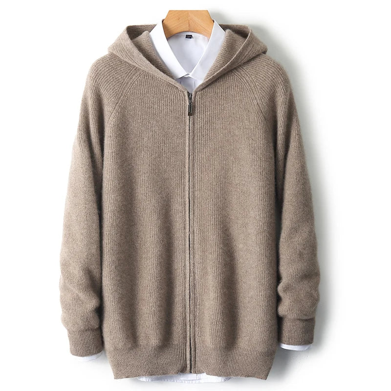 Herren Kapuze Strickjacke Woll jacke Herbst/Winter verdickt große 100% Merinowolle Pullover Reiß verschluss Casual Sportswear Mantel Tops