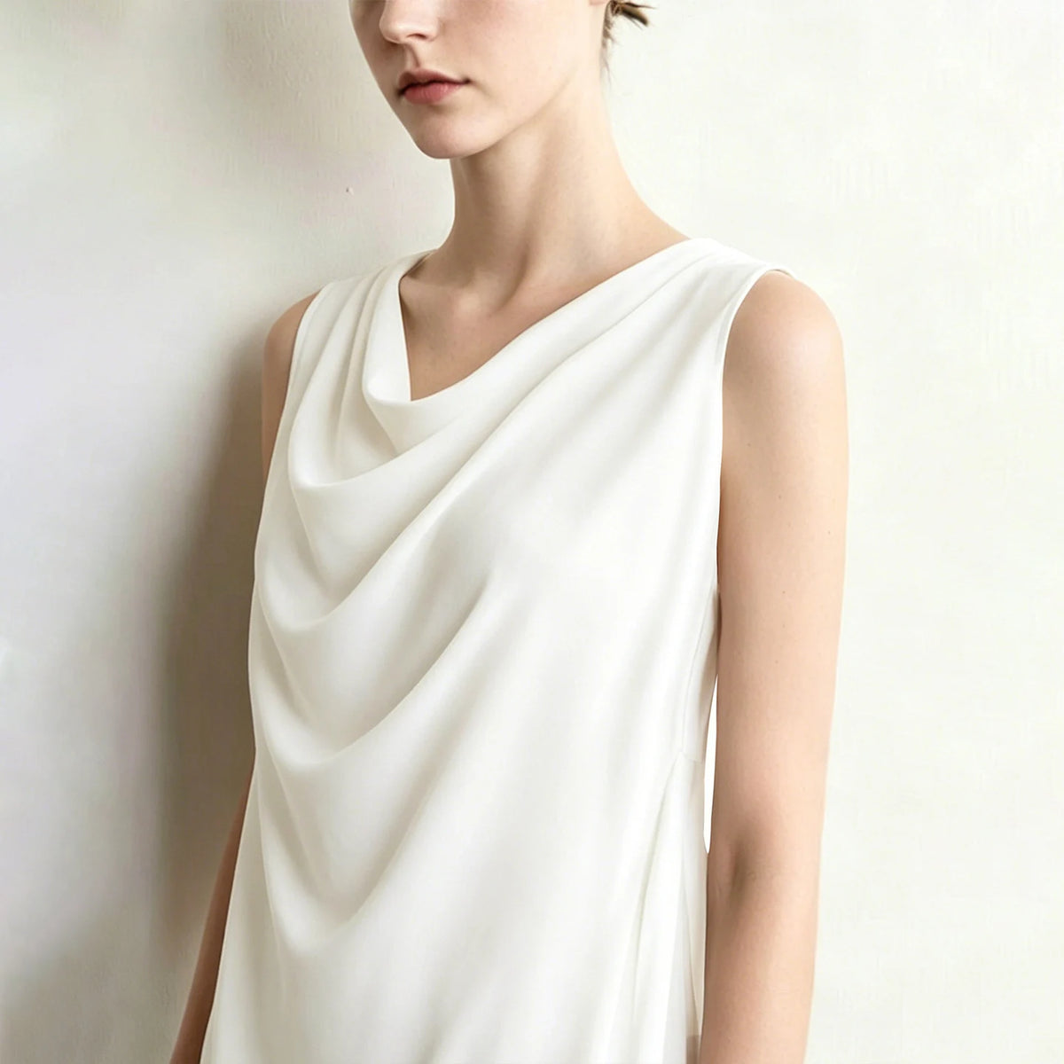 Ärmelloses Sommerkleid in Weiß mit drapiertem Cowl-Ausschnitt, ohne Ärmel