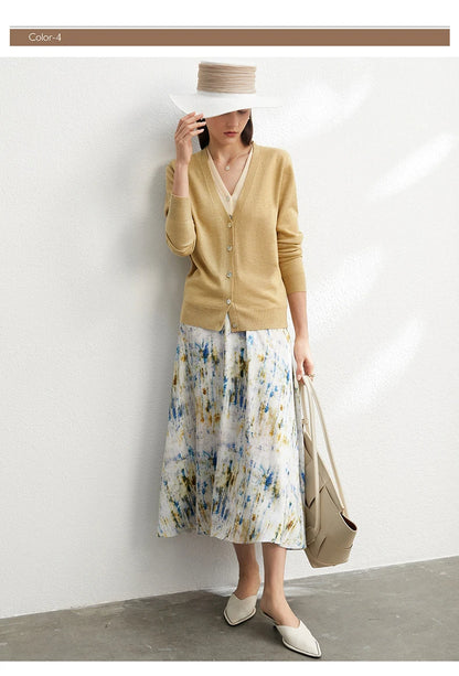 Damen-Strickjacke V-Ausschnitt dünn locker Patchwork Sommer