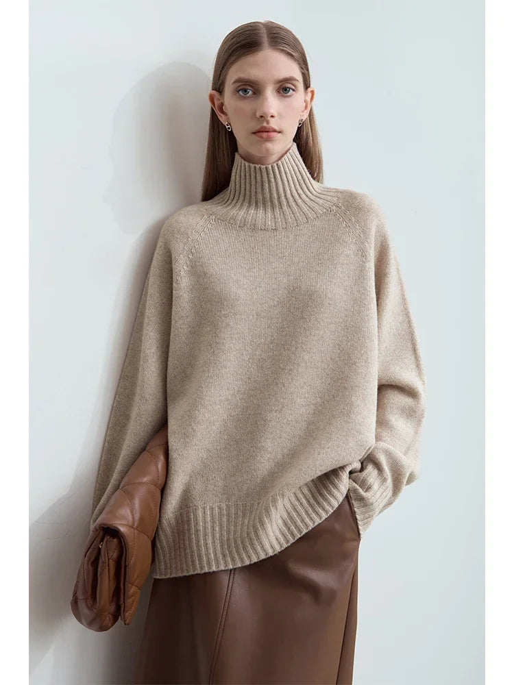 Damen-Rollkragenpullover 100 % Wolle nahtlos antibakteriell Winter