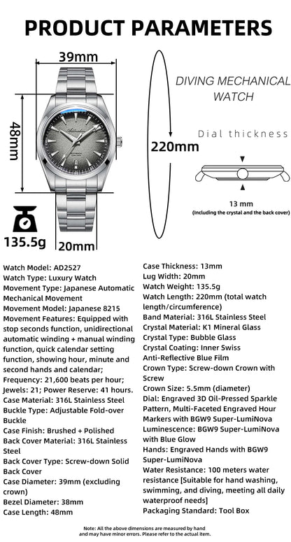 39mm Herren Automatikuhr BGW9 Ultra Leuchtzeiger Saphirglas 200m wasserdicht Edelstahl