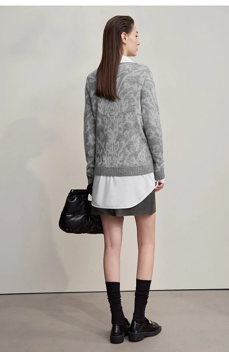 Grauer Damenpullover mit Langarm, Jacquard-Strickmuster und geripptem Bündchen am Saum