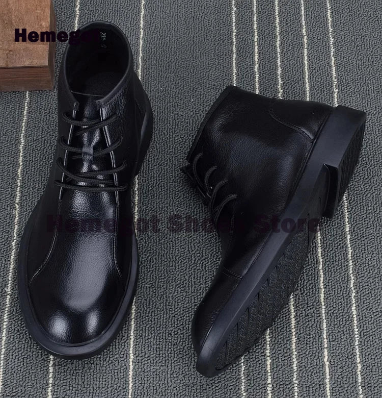 Men's Lace Up High Top Boots Soft Soled Soft Leather Breathable Durable Men's Leather Booties Cowhide Black Leather Men Shoes