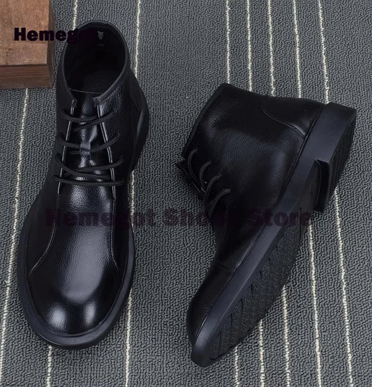Men's Lace Up High Top Boots Soft Soled Soft Leather Breathable Durable Men's Leather Booties Cowhide Black Leather Men Shoes