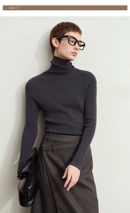 Damen-Rollkragenpullover 100 % Wolle Kammgarn schlank Winter