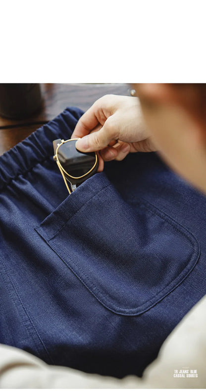 Herren Shorts im Retro-Stil aus gewaschenem Denim mit elastischem Bund und Kordelzug