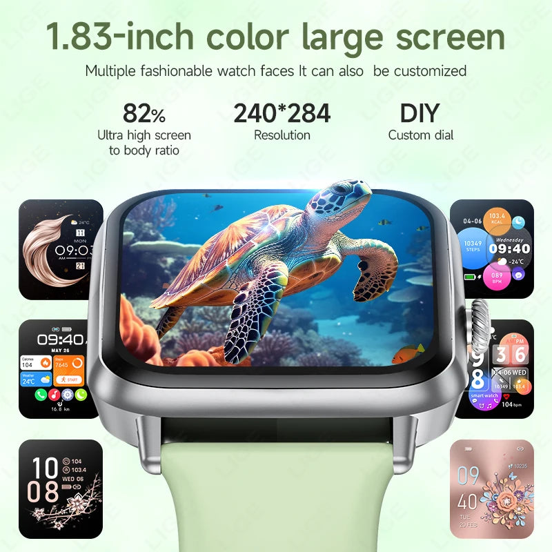 LIGE 1,83 Zoll Smartwatch für Xiaomi SOS BT Anruf Herzfrequenz Schlafüberwachung Smartwatch Spiele Musik Sportuhren 2025, Männer Frauen