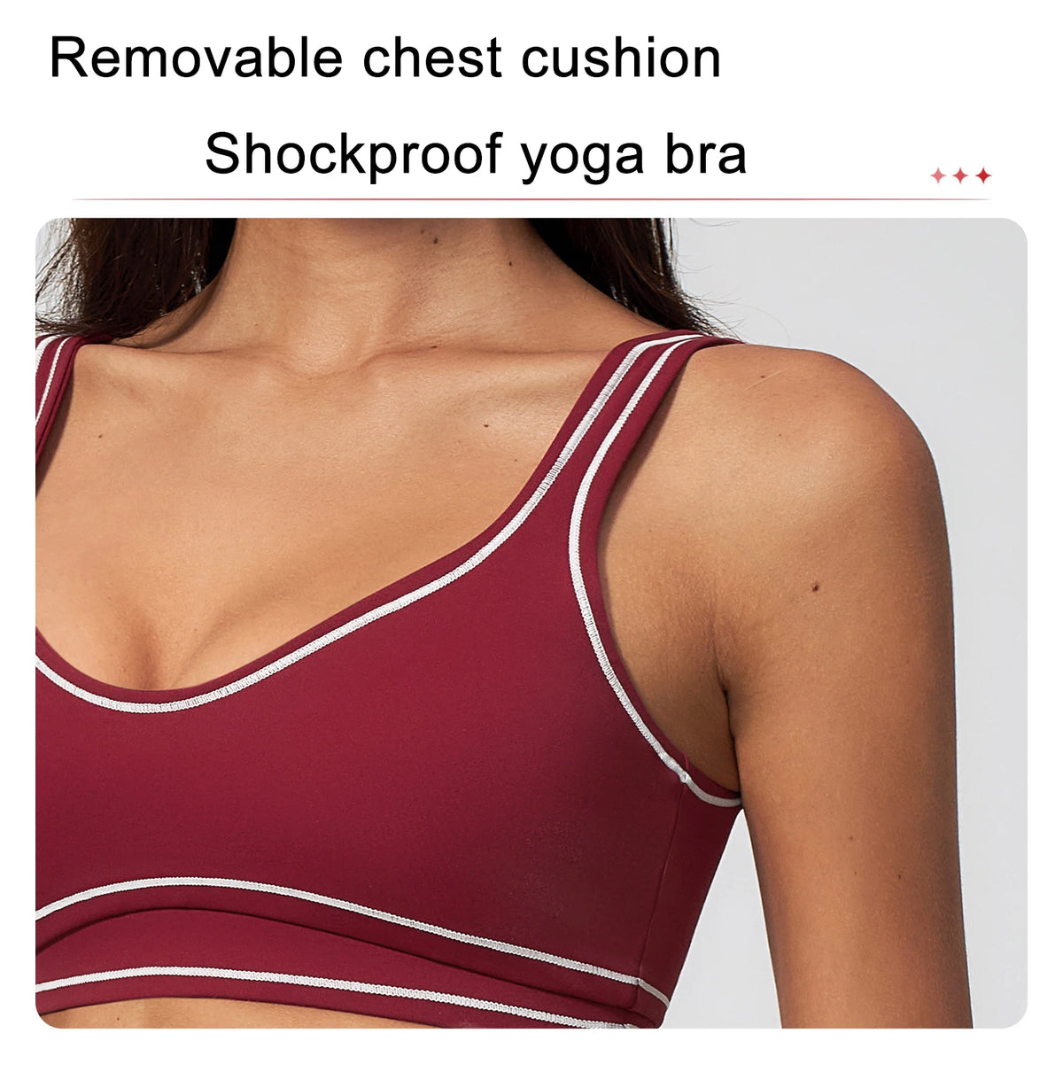 Dunkelroter Yoga-BH mit Kontrastpaspel und Rundhalsausschnitt, eng anliegend