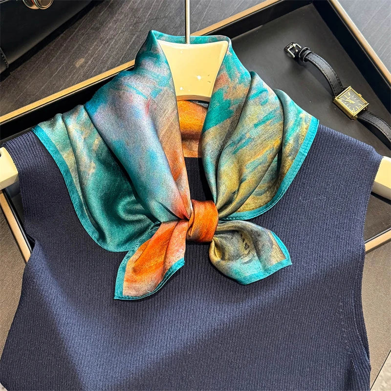 Damen Seidenschal 53cm quadratisch bedruckt Satin Hijab Bandana Halstuch Luxus