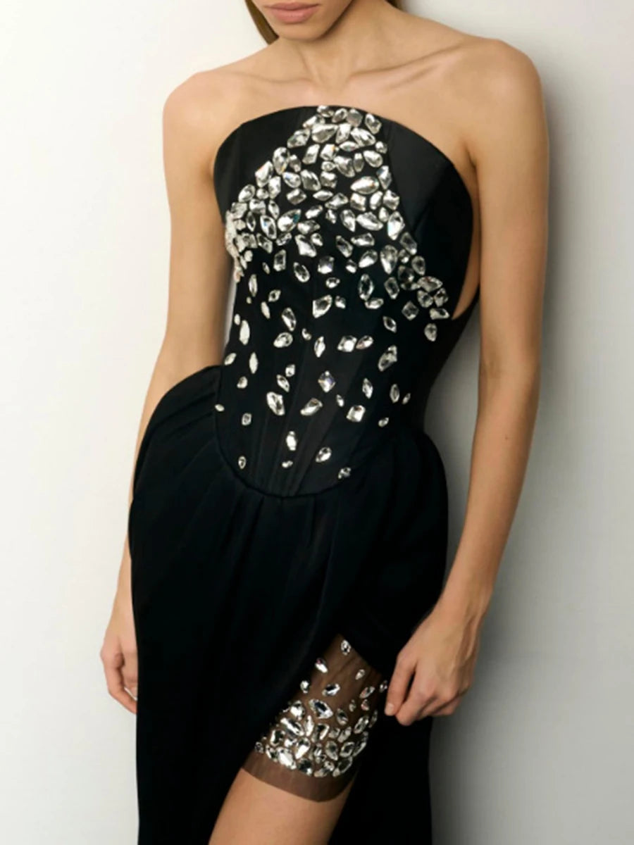 Elegantes Midi-Kleid mit schulterfreiem Ausschnitt, langen Ärmeln und Pailletten-Patchwork – figurbetontes Design für Damen