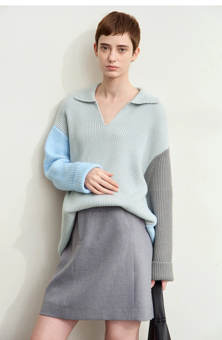 Damen V-Ausschnitt Pullover Patchwork Raglan locker Herbst-Winter